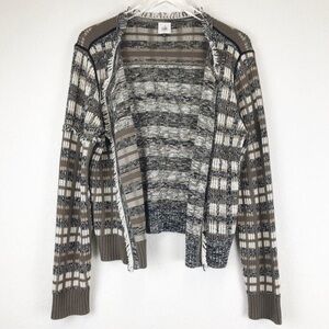 Cabi Classic Cardigan Plaid Fringe Open Front Knit Sweater Boho Brown Cotton L